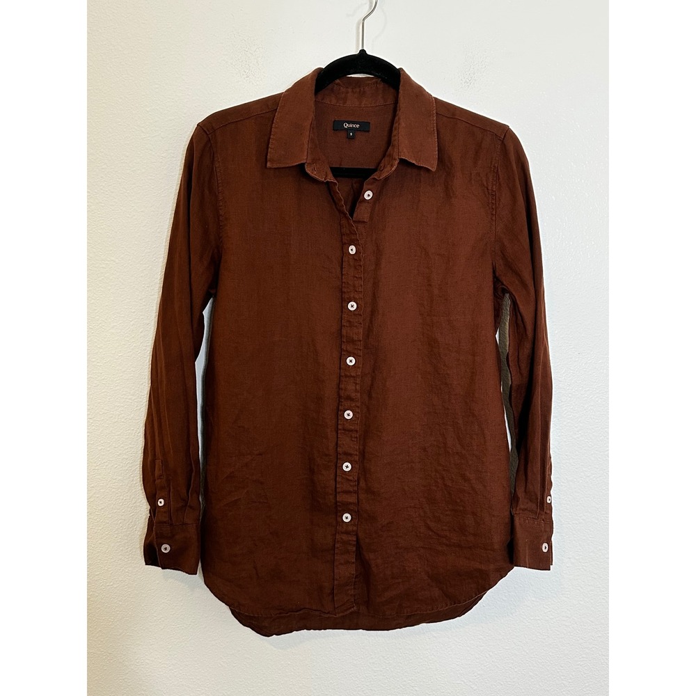 Quince European Linen Button Down Shirt Size S Chocolate Brown Long Sleeve